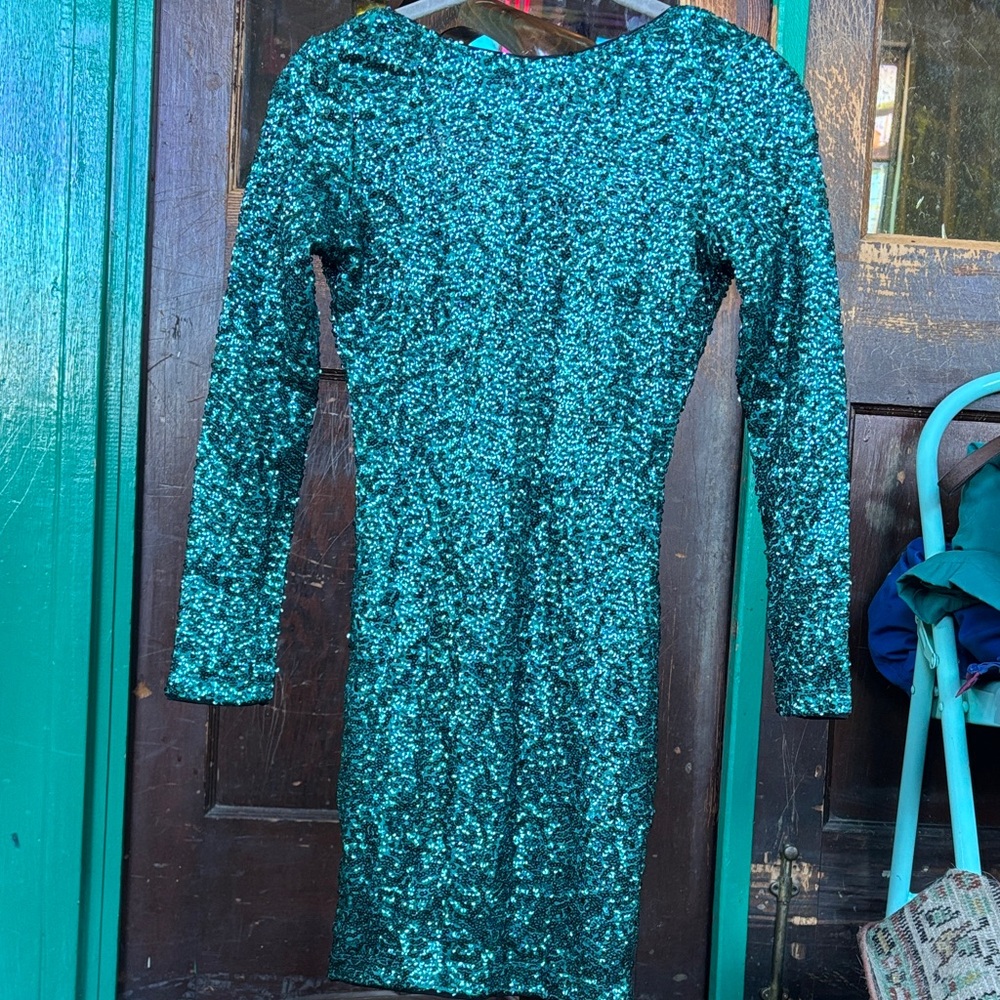 H&M Teal Sequin Long Sleeve Dress